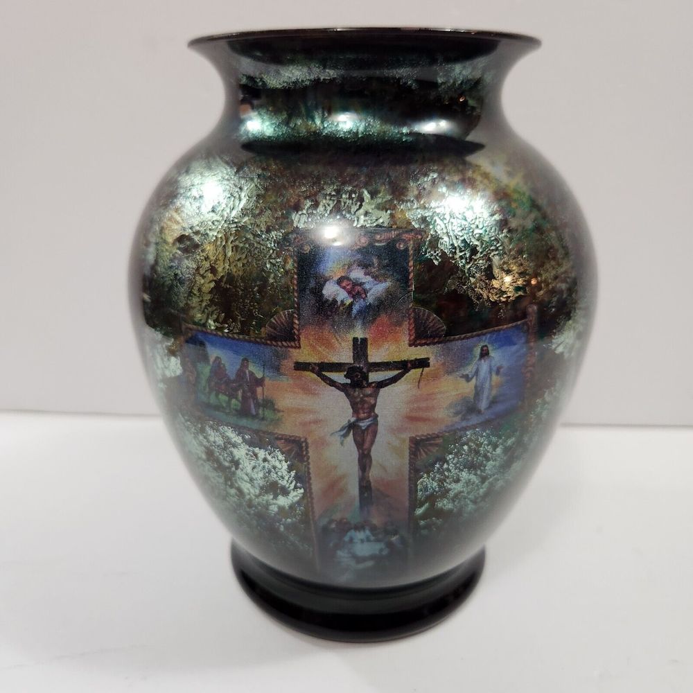 Gold Blue Iridescent 7-in Memorial Vase/Urn. Cross
